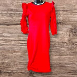 Zara Trafaluc Elegant Red Ruffle Sleeve Knit Dress - Sz 28